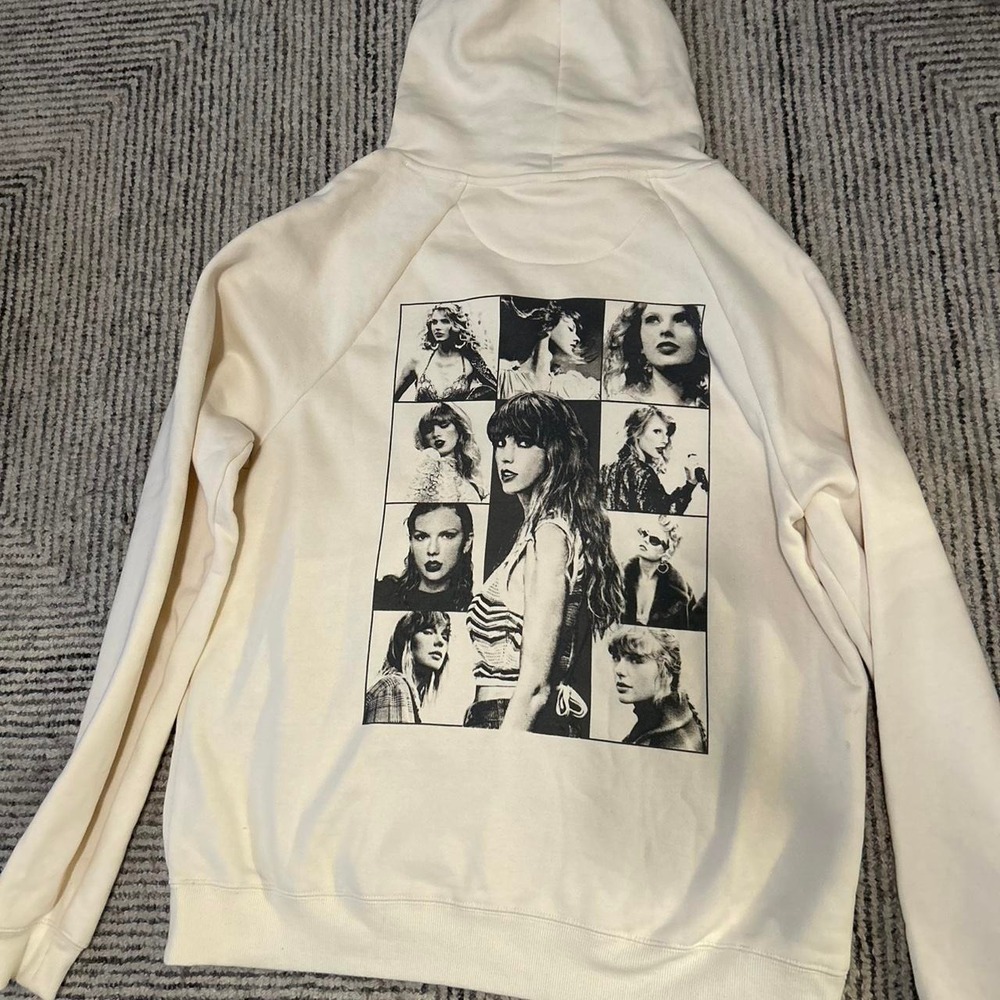 Taylor Swift Eras Tour hoodie with black and white collage of Taylor Swift